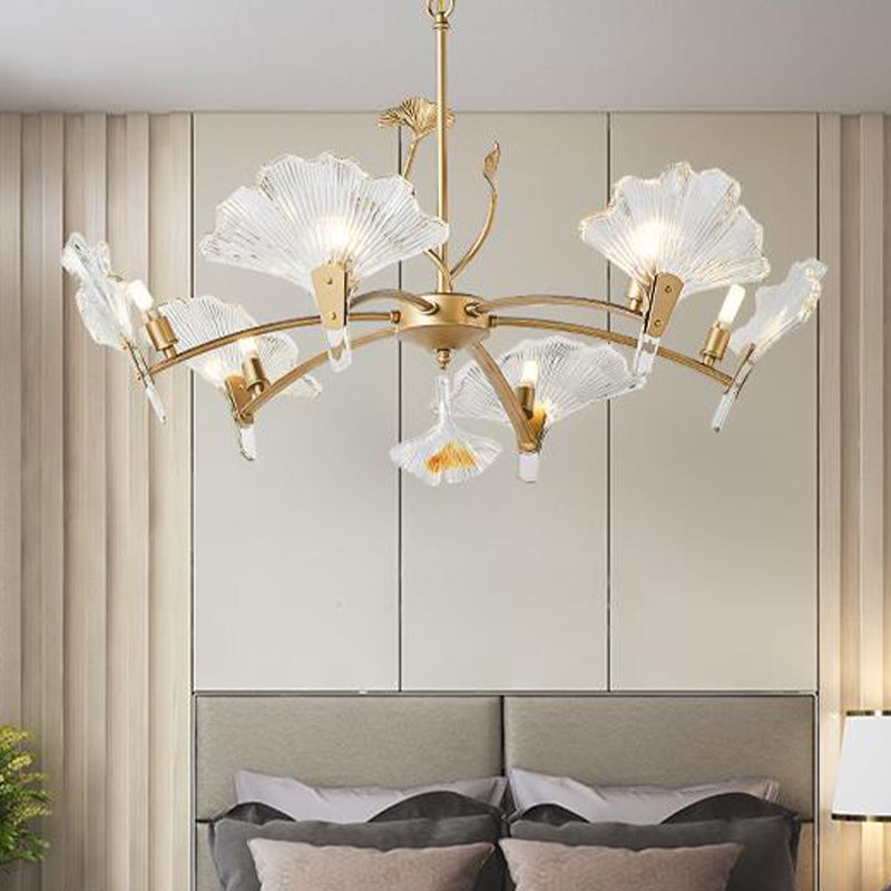 6/8 Lights Leaf-Shaped Ceiling Chandelier Rustic Brass Crystal Hanging Pendant Light for Living Room