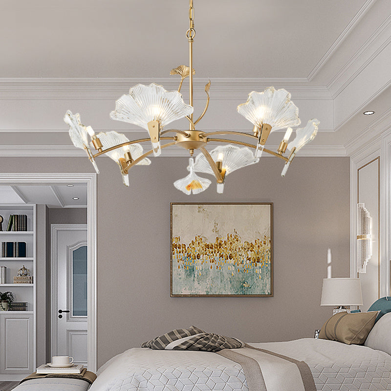 6/8 Lights Leaf-Shaped Ceiling Chandelier Rustic Brass Crystal Hanging Pendant Light for Living Room