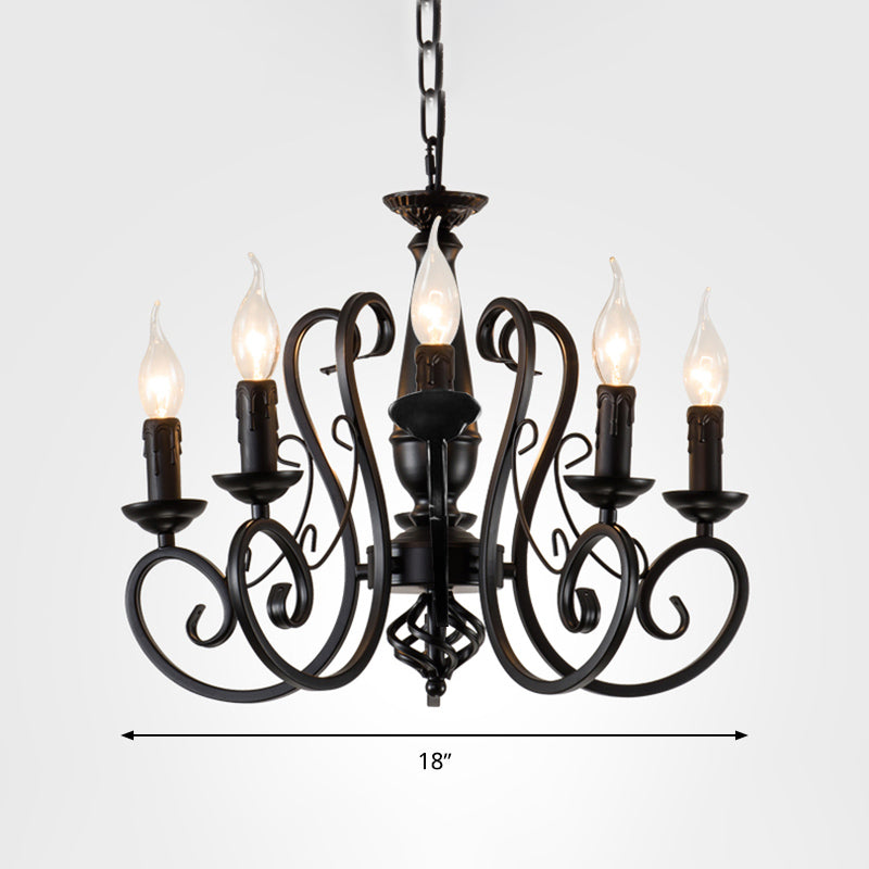 Black Candle Hanging Chandelier Traditionary Metal 3/4/5 Lights Living Room Ceiling Pendant Light with Curly Arm