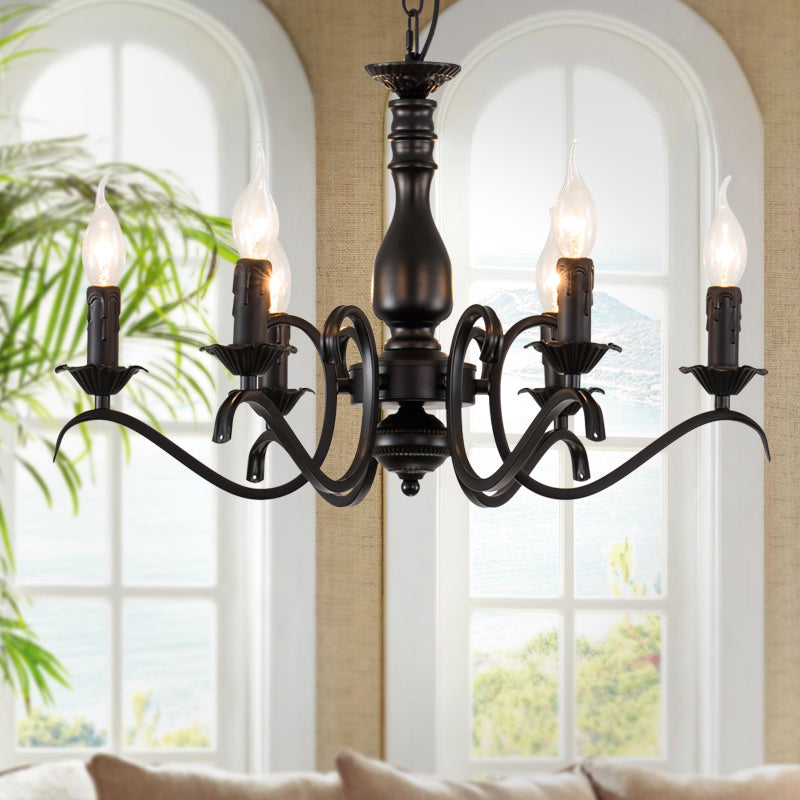 Metal Candle Shaped Ceiling Chandelier Antique 3/5/6 Lights Beedroom Hanging Pendant Light in Black