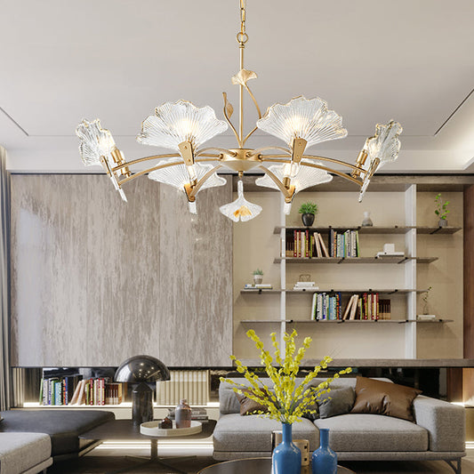 6/8 Lights Leaf-Shaped Ceiling Chandelier Rustic Brass Crystal Hanging Pendant Light for Living Room