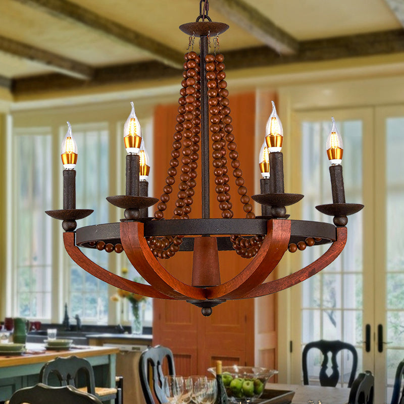 Rustic Candle Hanging Pendant 6 Lights Wooden Ceiling Chandelier in Red for Dining Room
