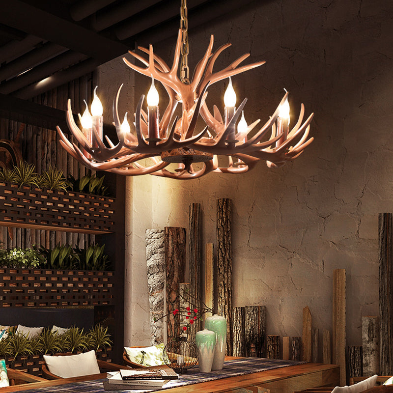 6/8 Lights Resin Chandelier Pendant Lighting Countryside Brown Branch Restaurant Ceiling Hang Fixture