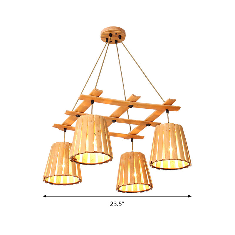 Beige Barrel Pendant Chandelier Modern 4 Lights Wood Hanging Ceiling Light for Bedroom