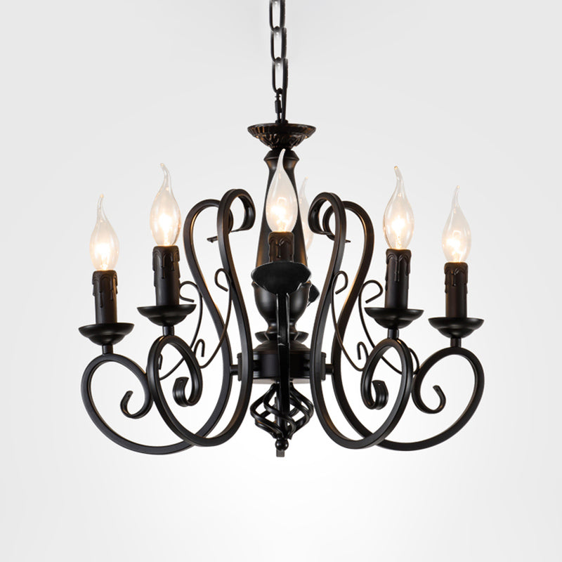 Black Candle Hanging Chandelier Traditionary Metal 3/4/5 Lights Living Room Ceiling Pendant Light with Curly Arm