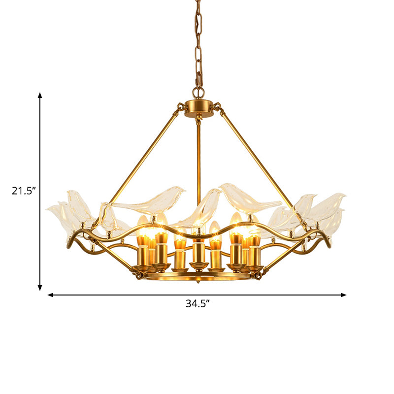 Wavy Ceiling Chandelier with Clear Crystal Bird Shade Mid Century 9 Lights Pendant Lighting in Brass