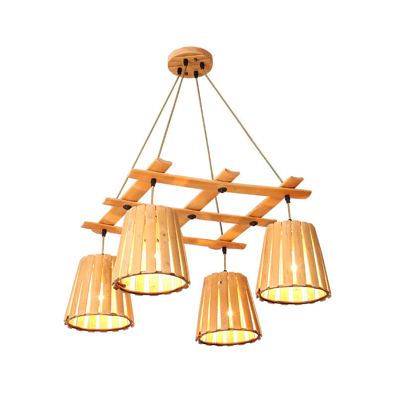 Beige Barrel Pendant Chandelier Modern 4 Lights Wood Hanging Ceiling Light for Bedroom