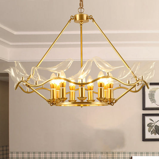 Wavy Ceiling Chandelier with Clear Crystal Bird Shade Mid Century 9 Lights Pendant Lighting in Brass