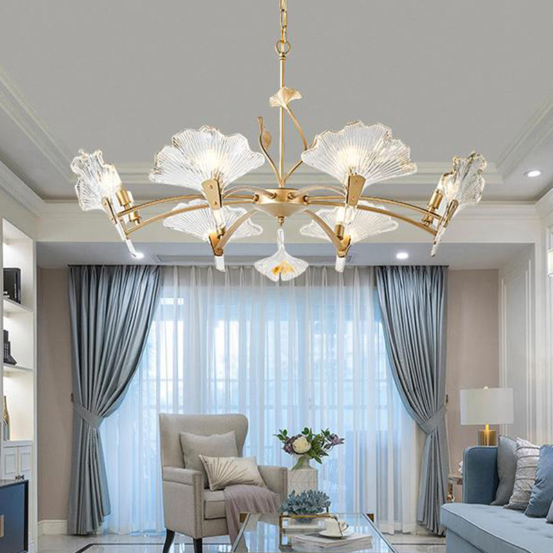 6/8 Lights Leaf-Shaped Ceiling Chandelier Rustic Brass Crystal Hanging Pendant Light for Living Room