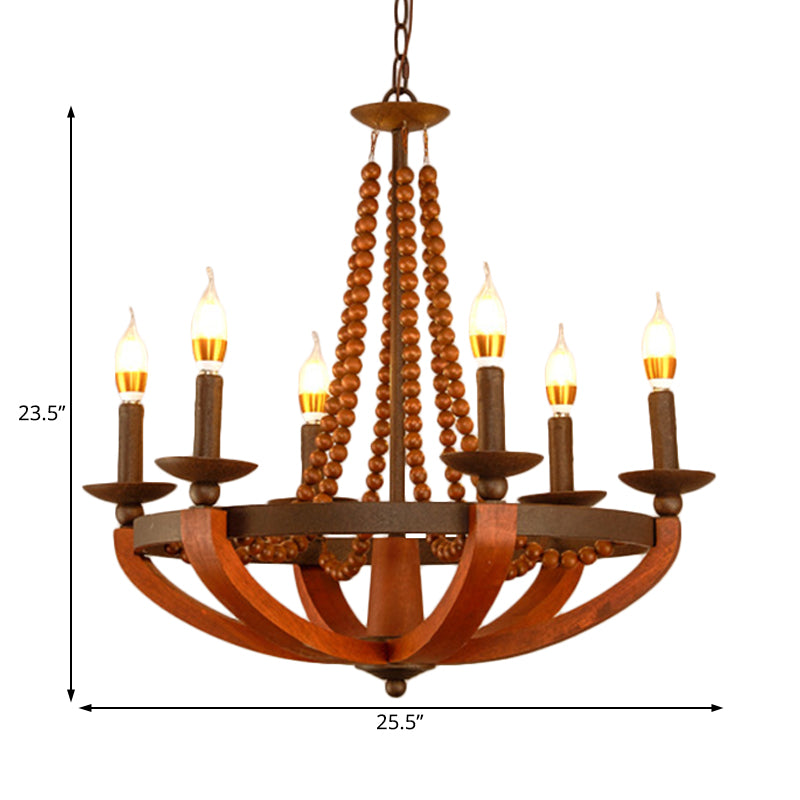 Rustic Candle Hanging Pendant 6 Lights Wooden Ceiling Chandelier in Red for Dining Room