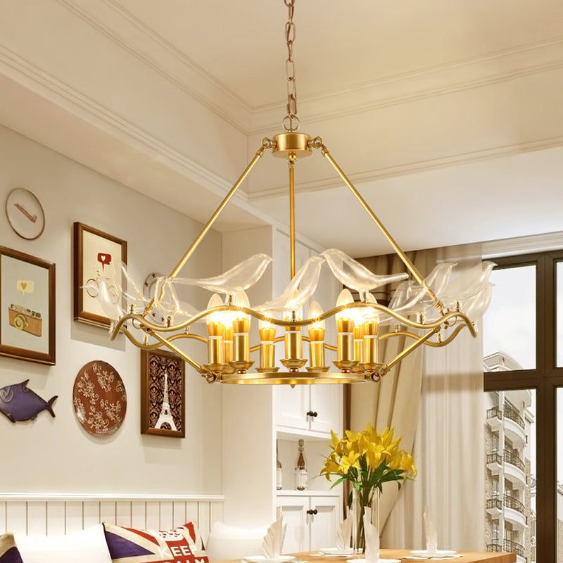 Wavy Ceiling Chandelier with Clear Crystal Bird Shade Mid Century 9 Lights Pendant Lighting in Brass