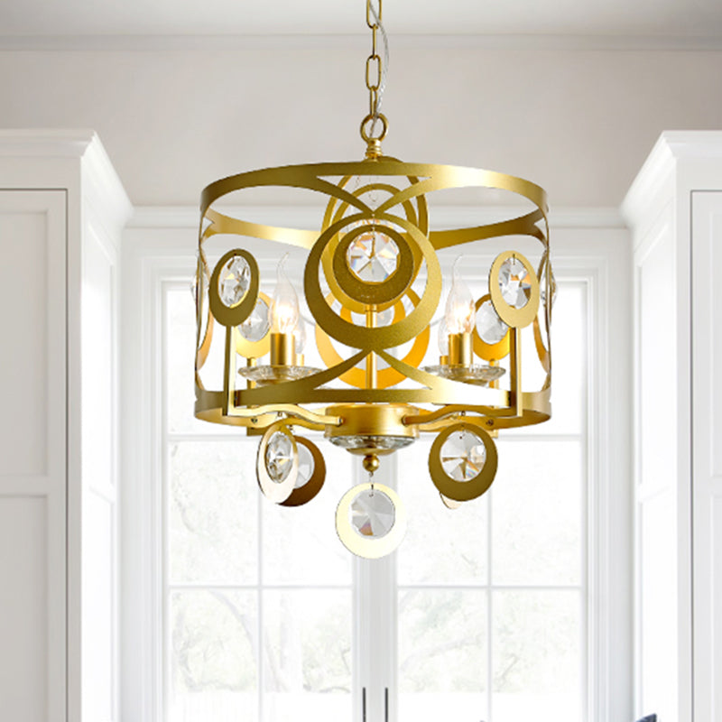 Round Bedroom Hanging Chandelier Postmodern Crystal Encrusted 4/6 Lights Gold Ceiling Pendant