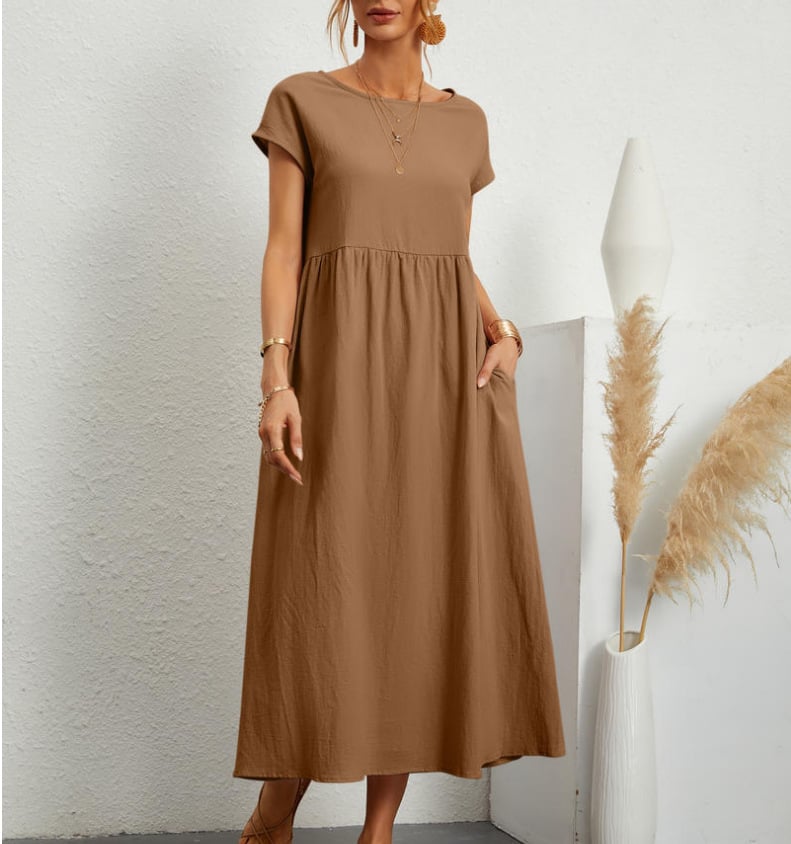 2024 fashion solid color cotton linen pocket dress