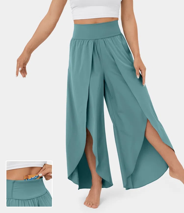 High Waist Back Pocket Flowy Slit Wide Leg Quick Dry Casual Pants