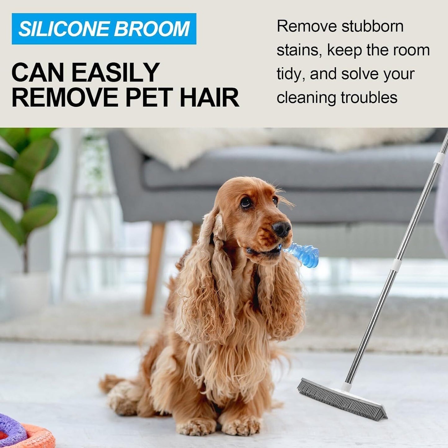 2-in-1 Rubber Broom with Adjustable Pet Hair Remover Brush