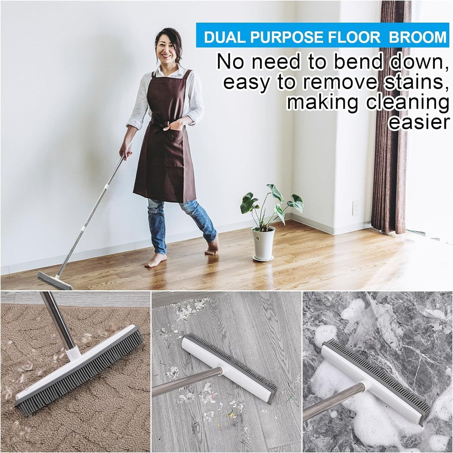 2-in-1 Rubber Broom with Adjustable Pet Hair Remover Brush