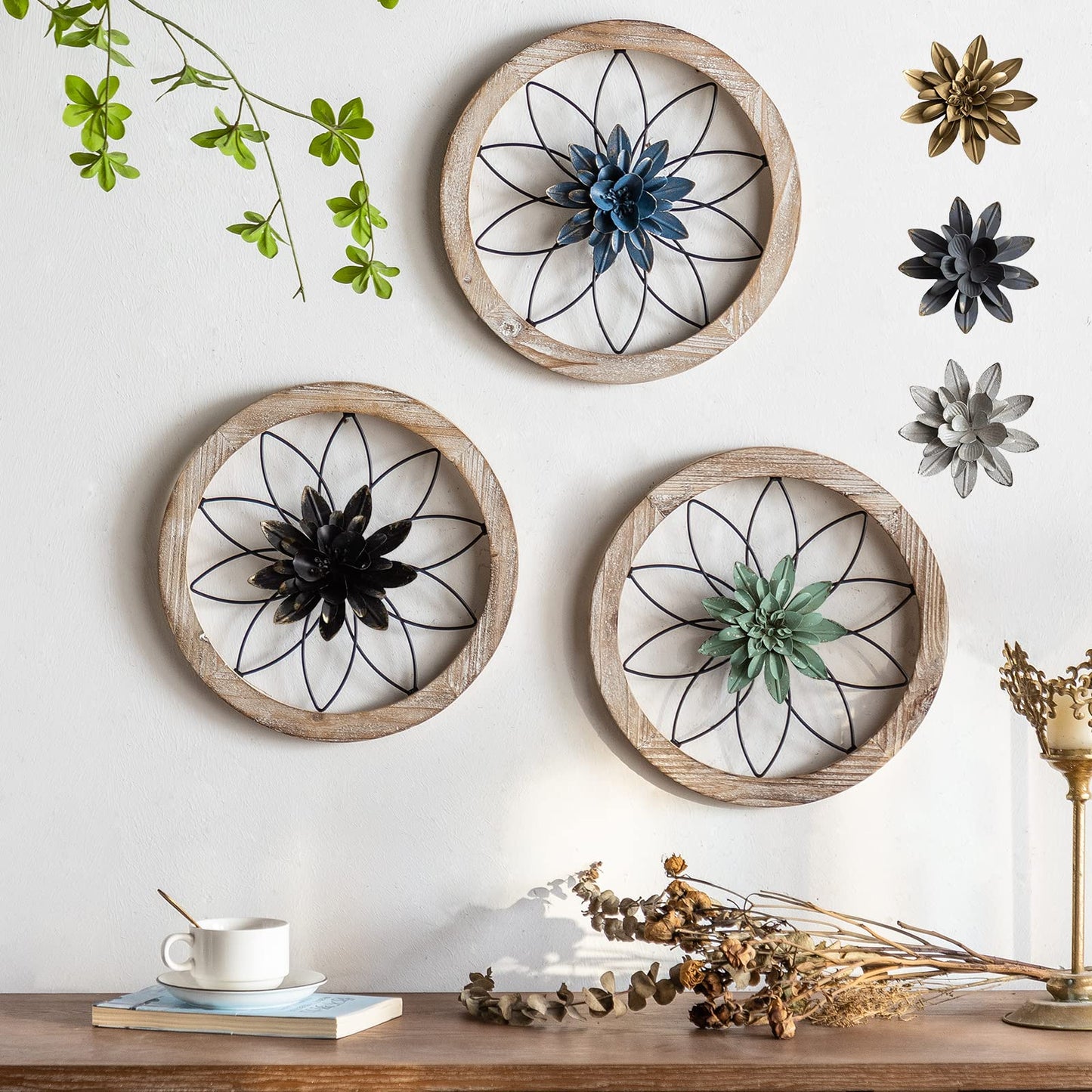 3-Piece Round Farmhouse Wall Decor Set | Rustic Wood & Metal Art | Interchangeable Flowers | Living Room, Bedroom, Kitchen, Bathroom Décor