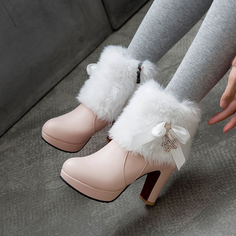 Bowknot thick-soled high-heeled winter warm boots