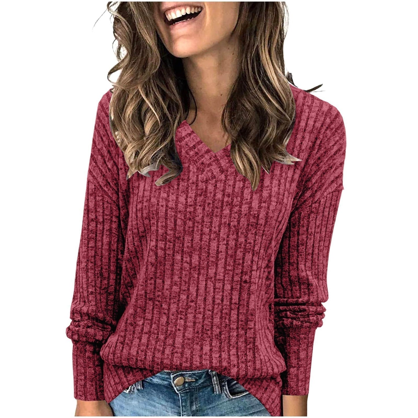 💖✨Women's V Neck Long Sleeve Solid Sweater