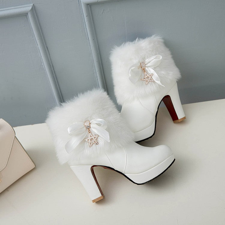 Bowknot thick-soled high-heeled winter warm boots