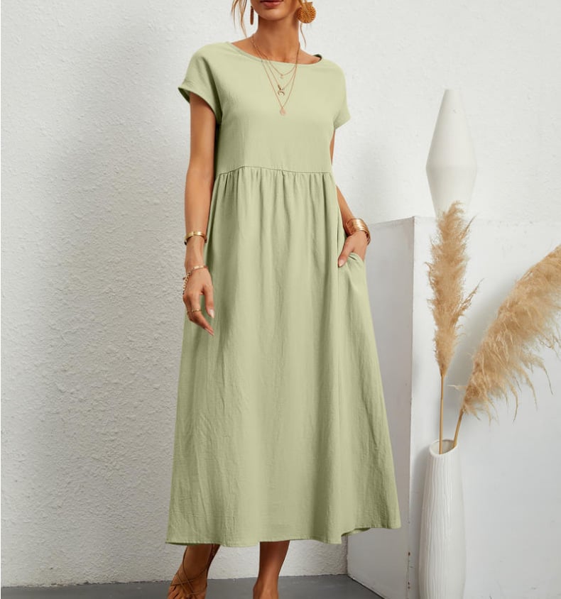 2024 fashion solid color cotton linen pocket dress