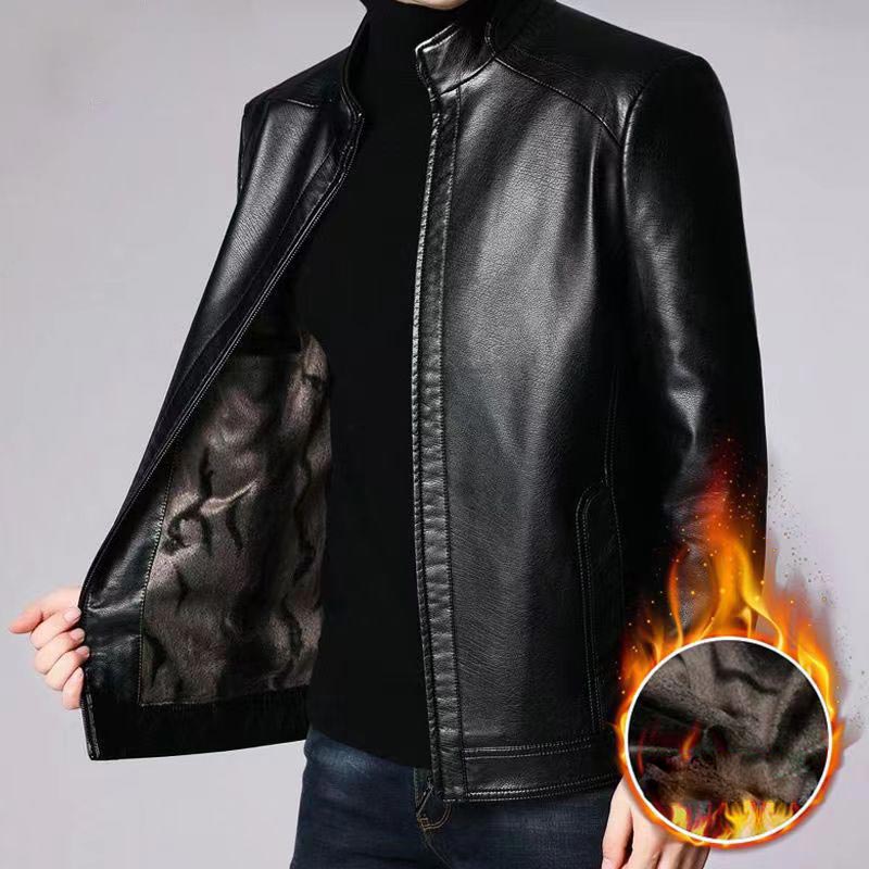 Warm plush lined leather jacket for men