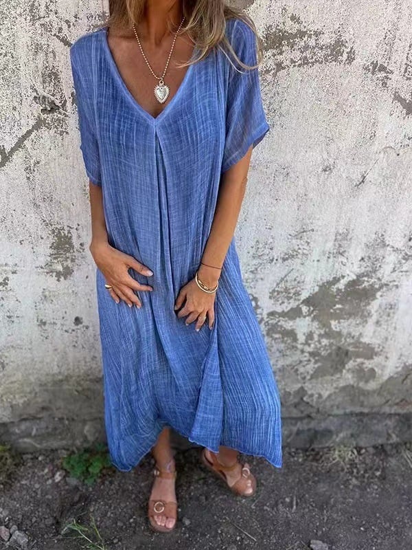 Cotton and Linen V-neck Midi Dress(buy 2 free shipping)