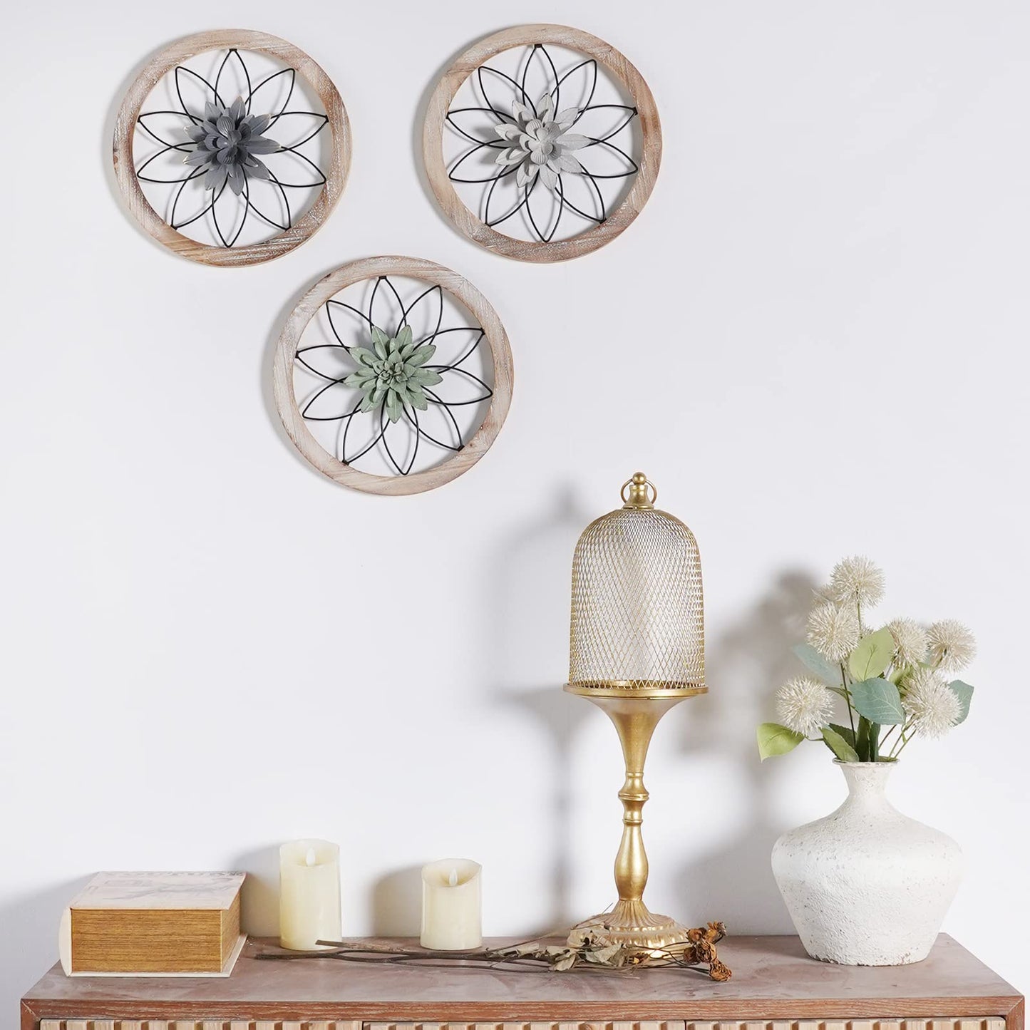 3-Piece Round Farmhouse Wall Decor Set | Rustic Wood & Metal Art | Interchangeable Flowers | Living Room, Bedroom, Kitchen, Bathroom Décor