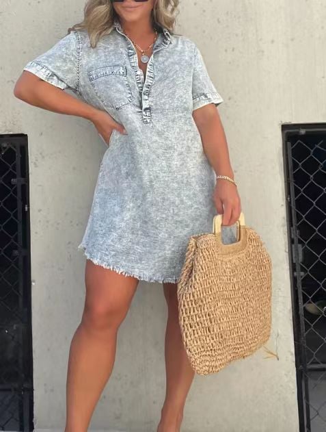 Short Sleeve Casual Denim Shirt Dress-Buy two and get free shipping!