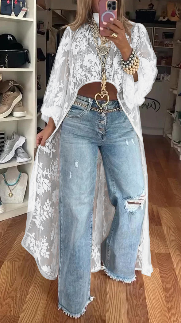 Women's round neck lace short-front-long-back casual tops