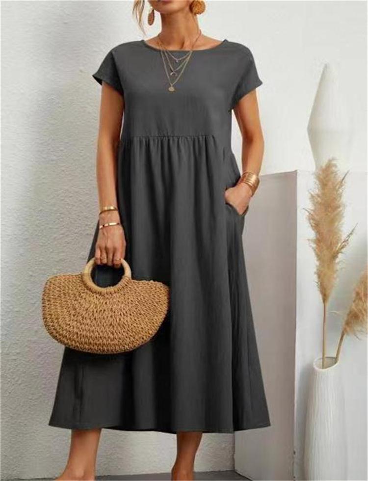 2024 fashion solid color cotton linen pocket dress