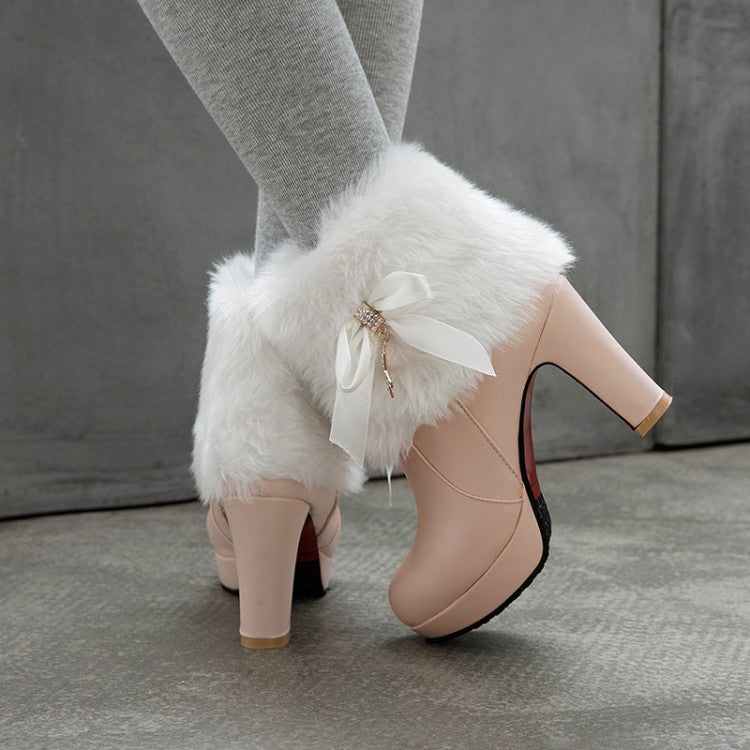 Bowknot thick-soled high-heeled winter warm boots