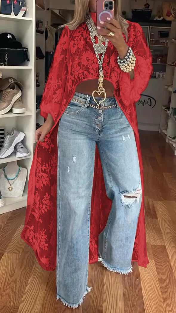 Women's round neck lace short-front-long-back casual tops