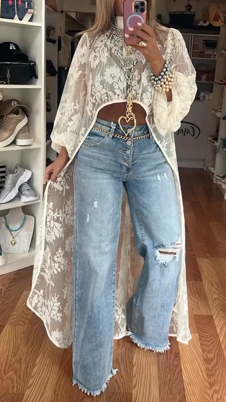 Women's round neck lace short-front-long-back casual tops