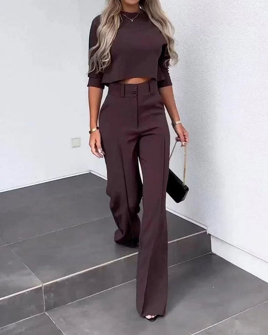 Fashionable and luxurious solid color jacket + high-waisted straight pants suit