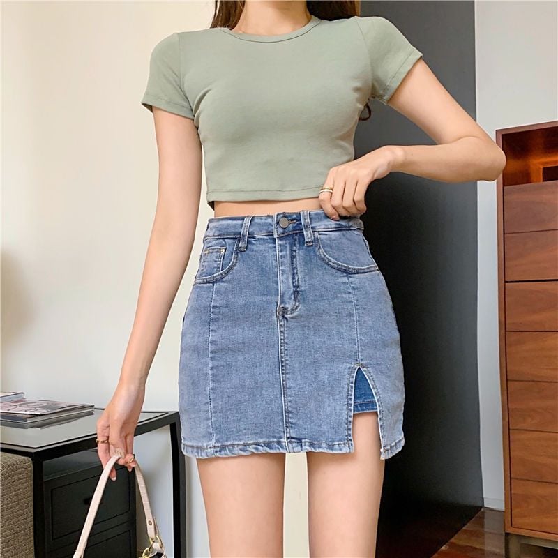🔥Skorts Skirts for Women Denim Mini Skirt Side Slit with High Waisted Jean Shorts Stretchy