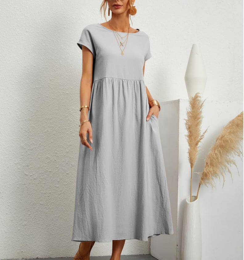 2024 fashion solid color cotton linen pocket dress