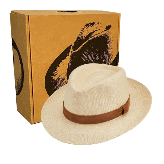 Advanced Original Panama Natural Toquilla Straw | 2.5 cm Suede Trim-Handwoven in Ecuador (HatBox Included)