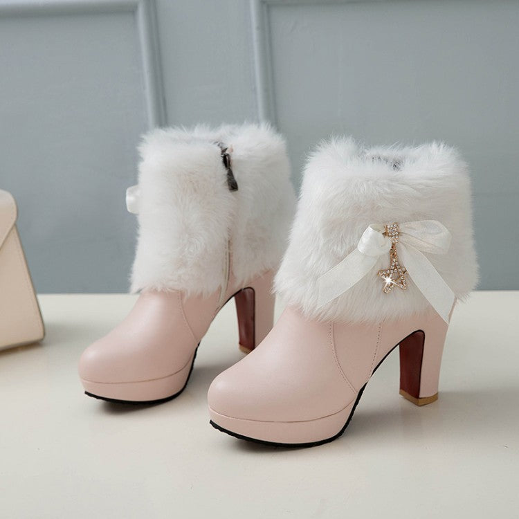 Bowknot thick-soled high-heeled winter warm boots