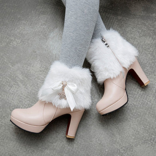 Bowknot thick-soled high-heeled winter warm boots