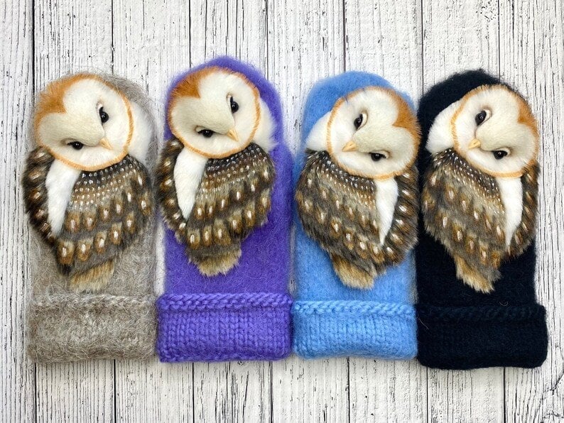 Hand Knitted Wool Nordic Mittens with Owls (Buy 2 Free Shipping)