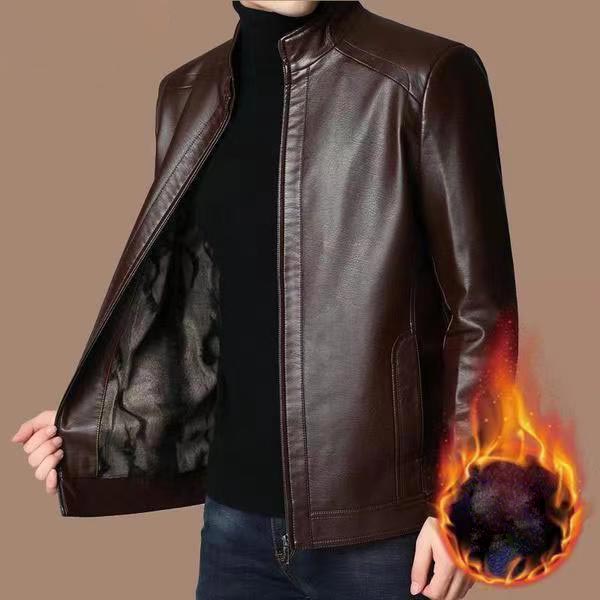 Warm plush lined leather jacket for men