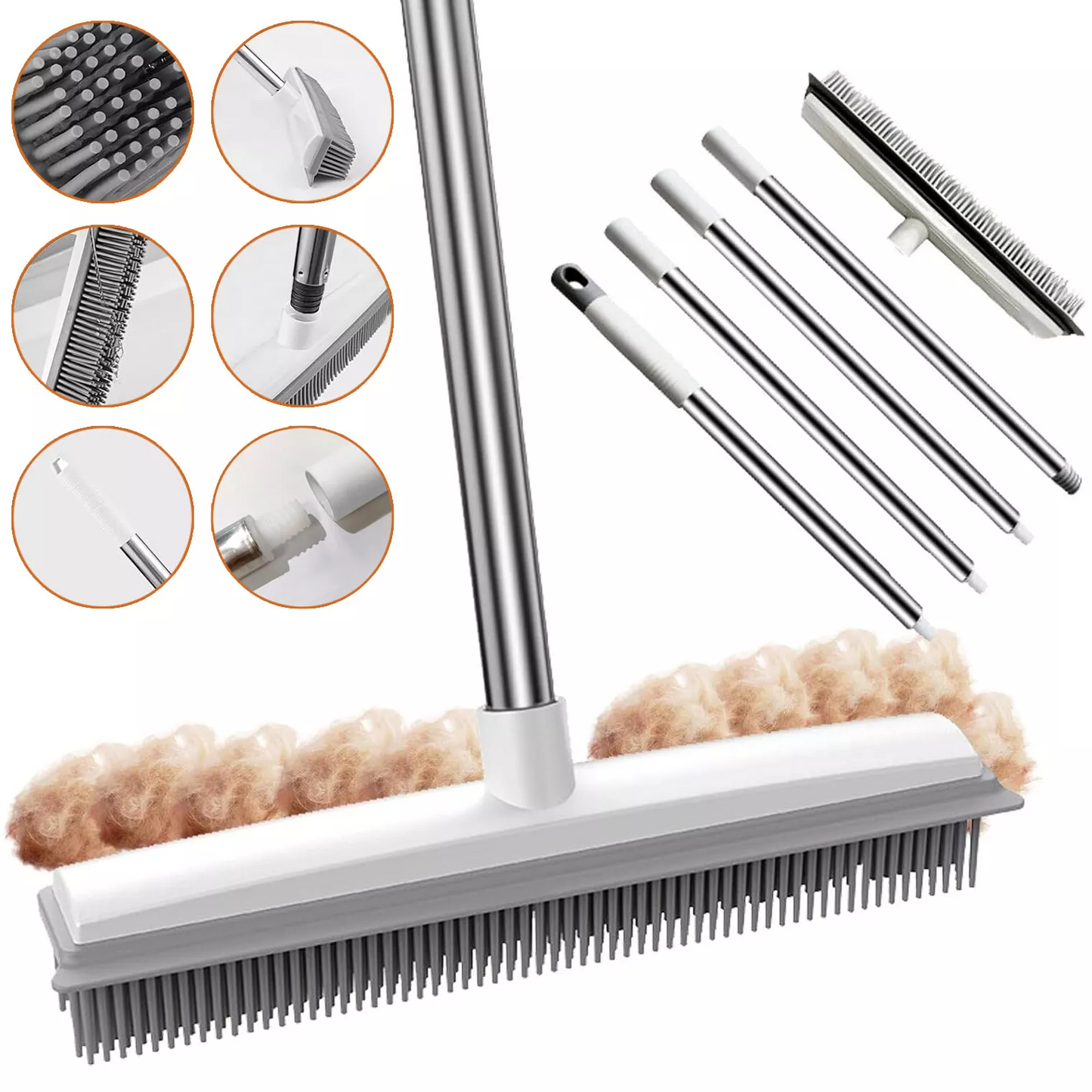 2-in-1 Rubber Broom with Adjustable Pet Hair Remover Brush