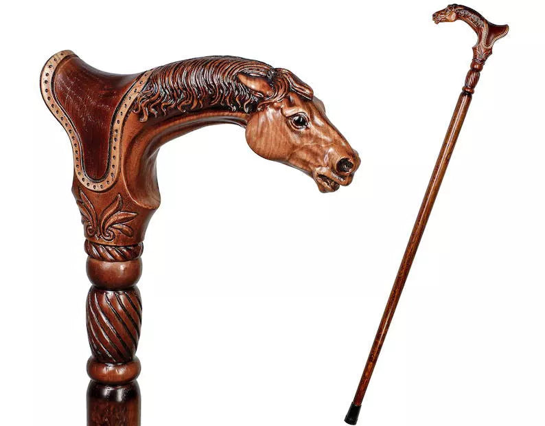 Designer Art Wooden Cane badass Walking Stick Horse with Saddle, Fancy decorative canes for ladies and men