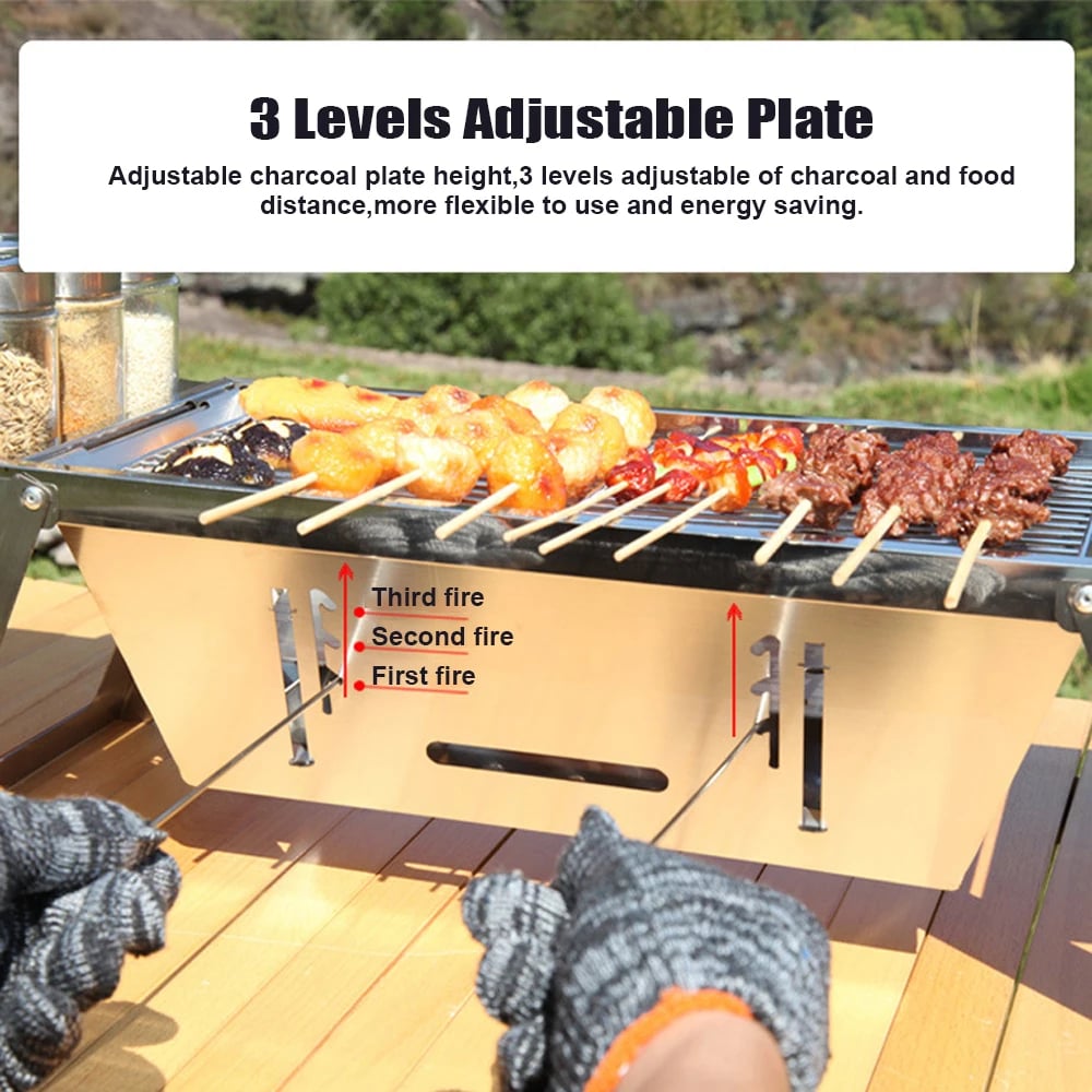 Portable Camping BBQ Grill 3 Hight Adjustable Stainless Steel Folding Charcoal Backpacking Stove with Grill Gloves Carry Bag