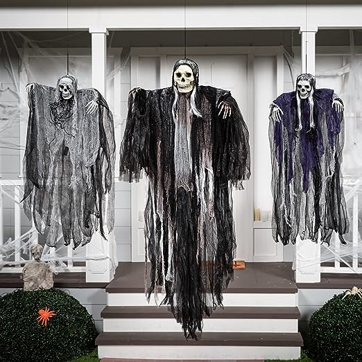 3 Pack Hanging Halloween Skeleton Ghosts Decorations, Grim Reapers for Best Halloween Outdoor Decorations