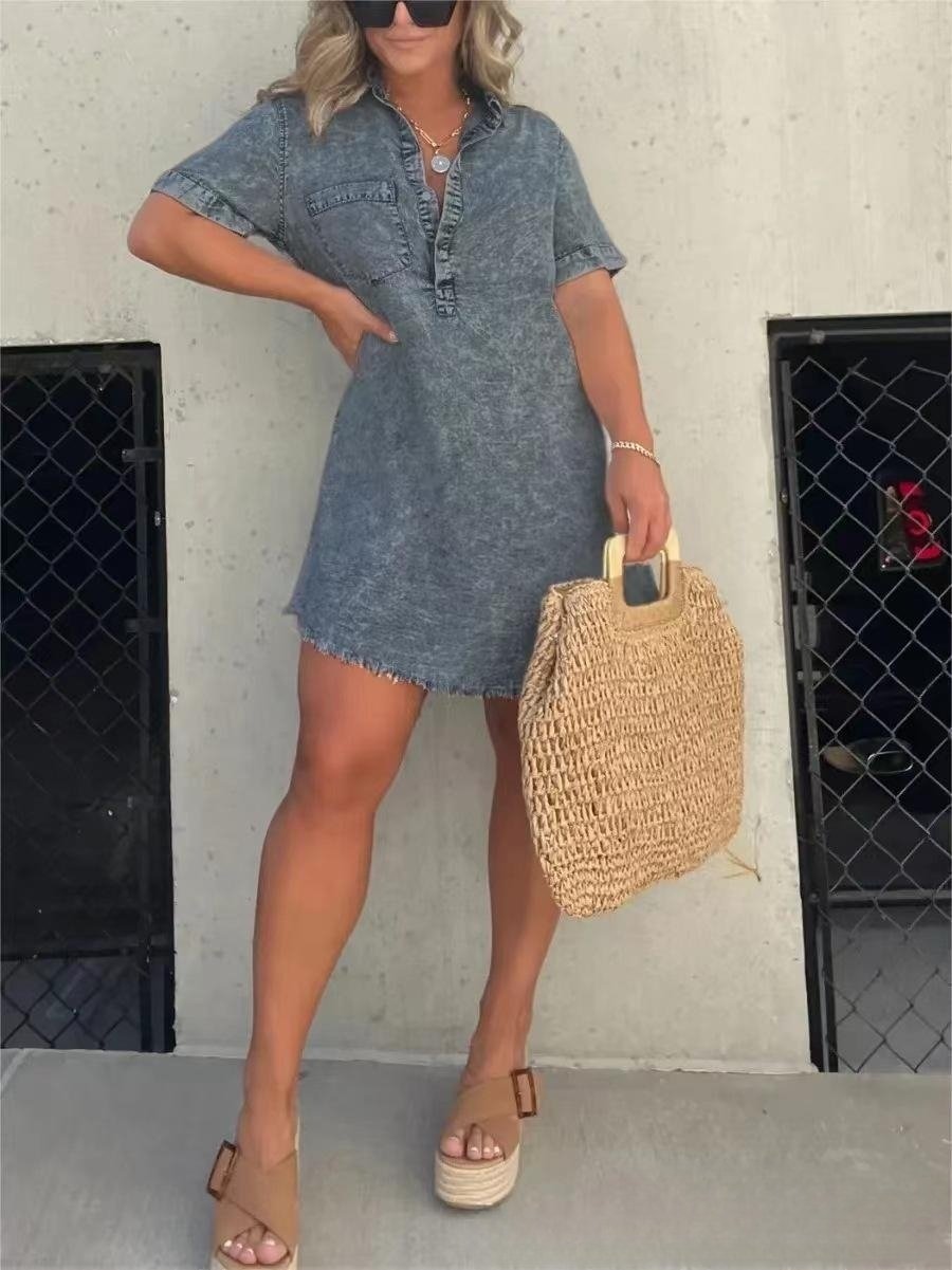 Short Sleeve Casual Denim Shirt Dress-Buy two and get free shipping!