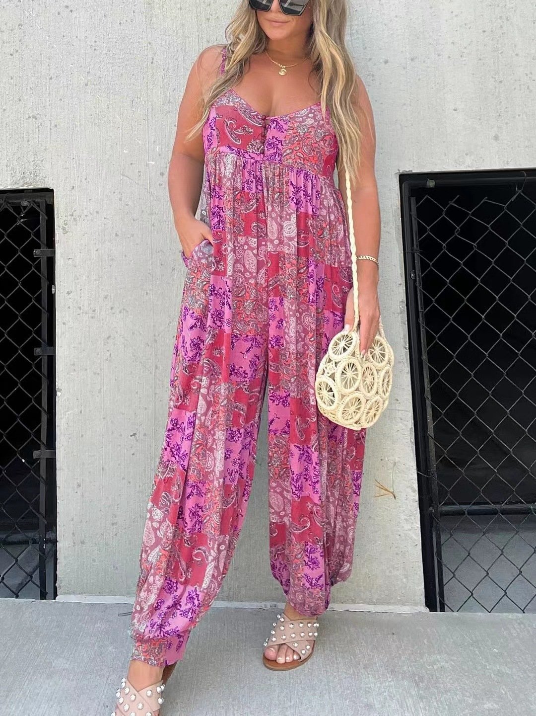 Patchwork Print Loose Jumpsuit