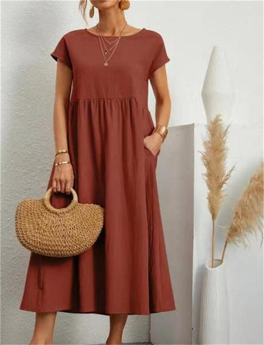 2024 fashion solid color cotton linen pocket dress