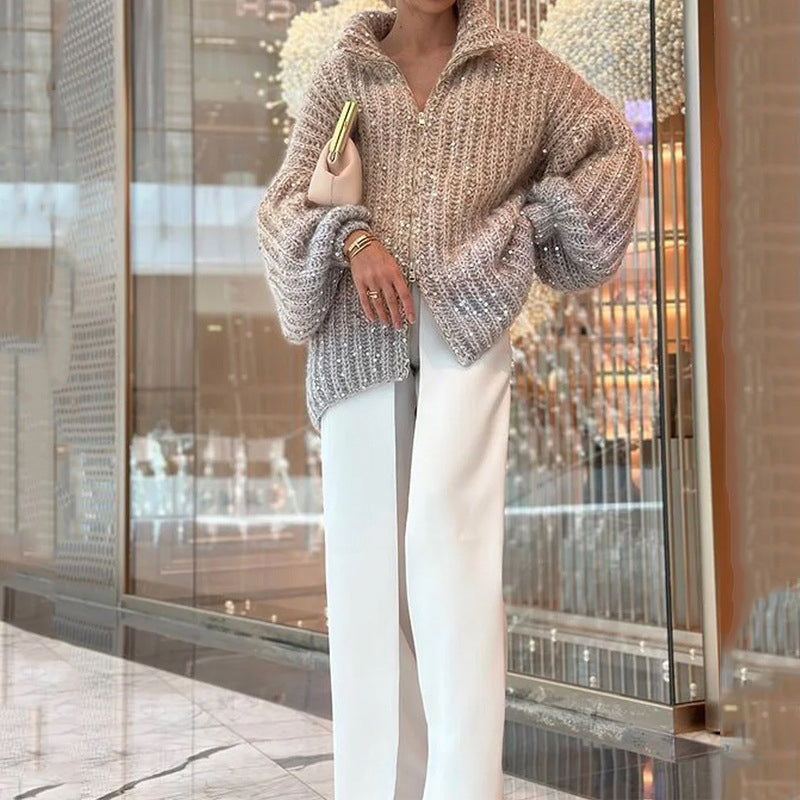 Christmas Promotion-Knitted sweater jacket with solid color sequins